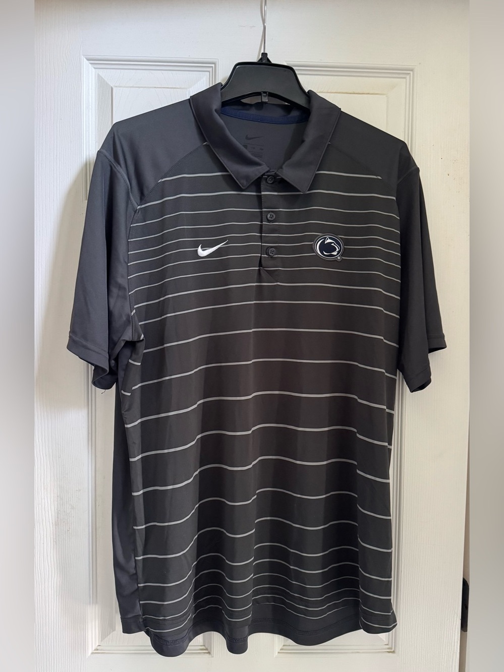 Nike Men's Dark Gray Striped Polo with Penn State Logo